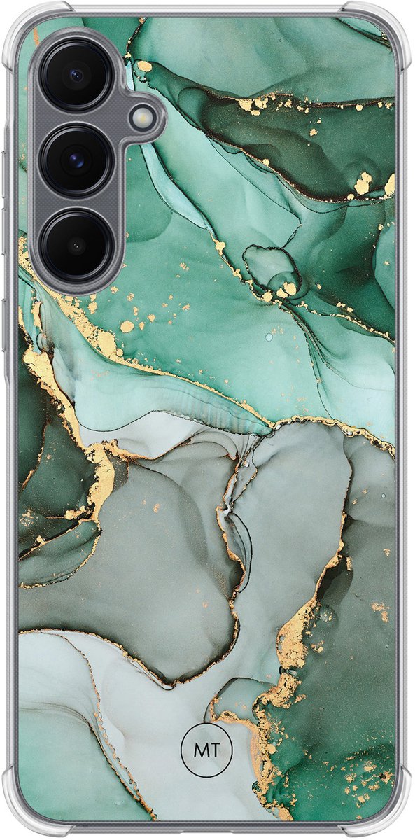Hoesje (shockproof) geschikt voor Samsung Galaxy A55 - Marble Design - Extra sterke case - TPU/polycarbonaat - Marmer - Grijs, Groen, Transparant