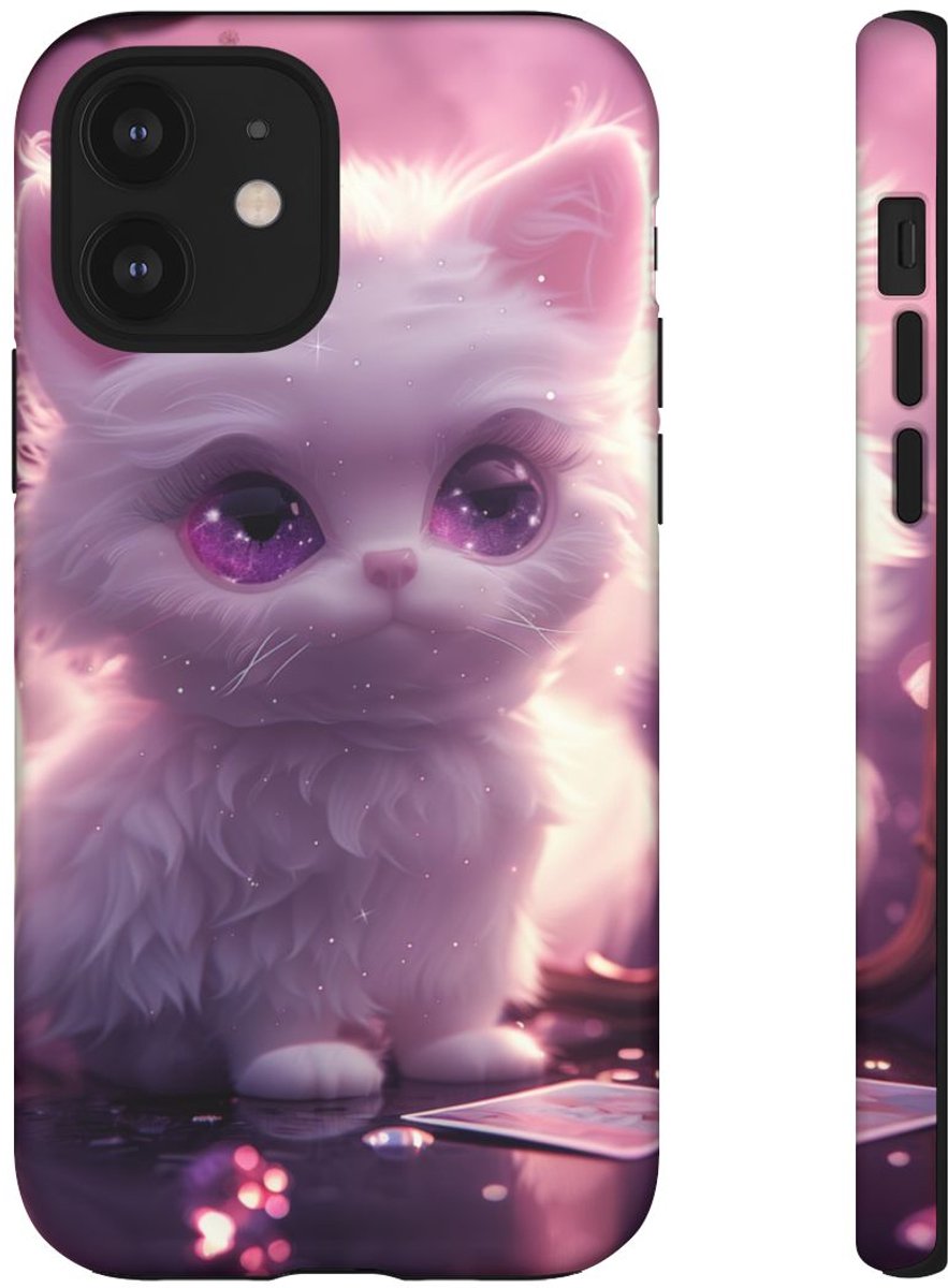 Witte Pluizige Kat met Paarse Ogen – Telefoonhoesje Geschikt voor iPhone 12