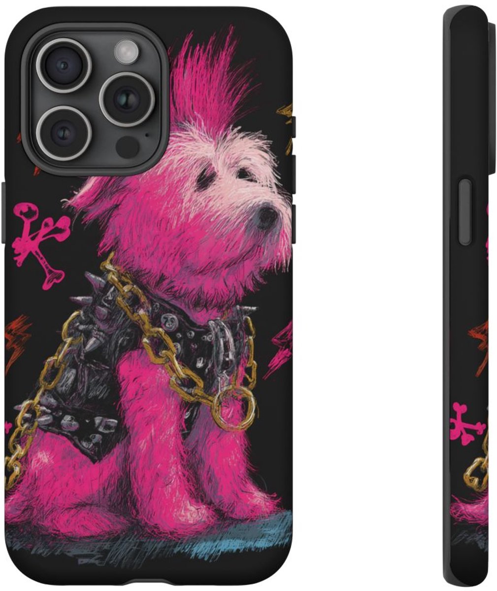 Roze Mohawk Punkhond Illustratie – Telefoonhoesje Geschikt voor iPhone 15 Pro Max