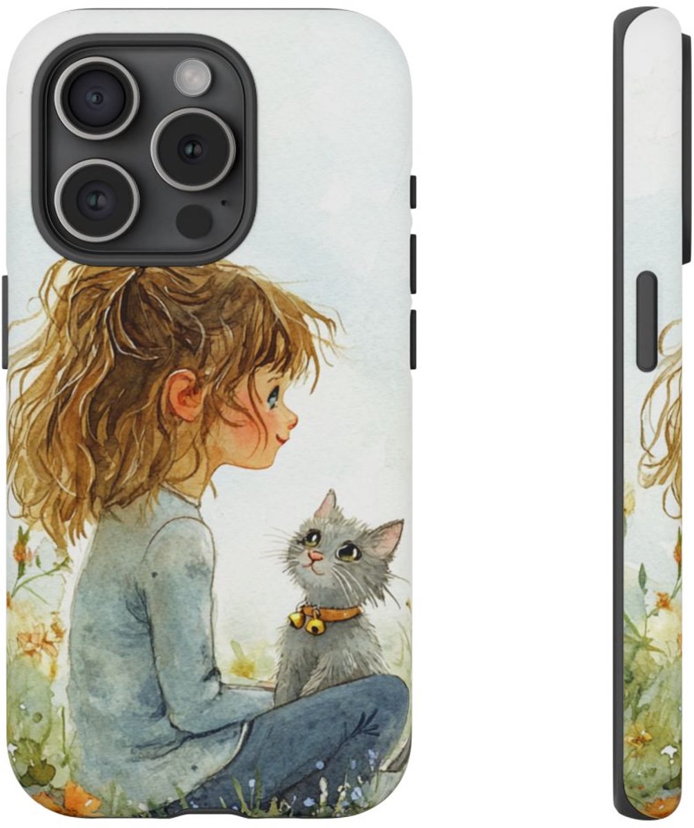 Meisje met Katje in Bloementuin Waterverf – Telefoonhoesje Geschikt voor iPhone 15 Pro