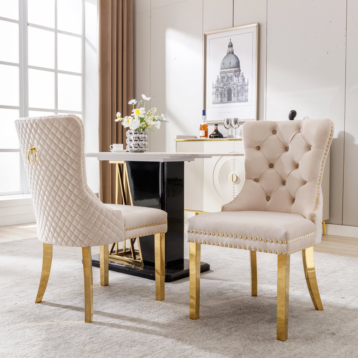 SINGULARITY Eetkamerstoel - set van 2 - vergulde roestvrijstalen poten - fluweel - Beige/Goud.