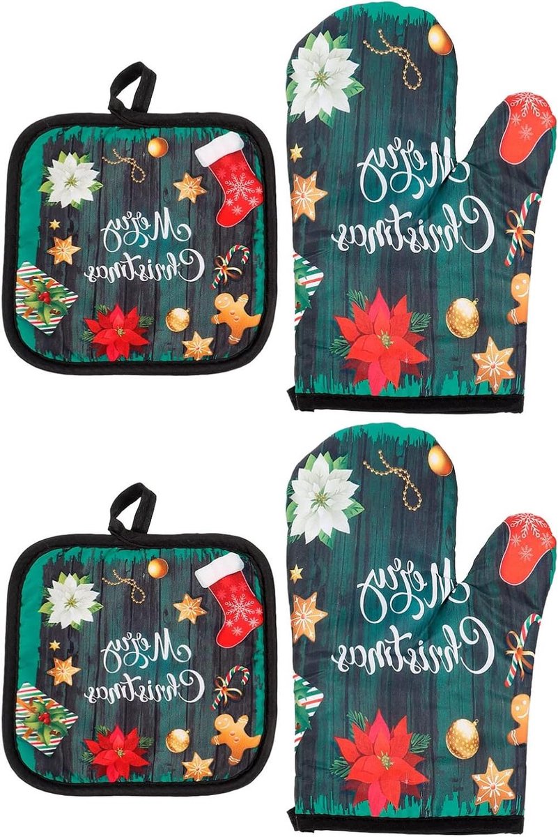Hittebestendige Kerst ovenwanten - Antislip grillhandschoenen - Kerstmotieven - Bakhandschoenen - Kerstdecoratie - 2 sets
