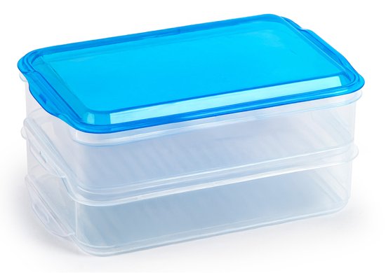 Foto: Plasticforte lunch en vleeswaren bewaarbakjes transparant blauw 24 x 16 x 11 cm 2 lagen broodbeleg vershouddoos vershoudbakjes