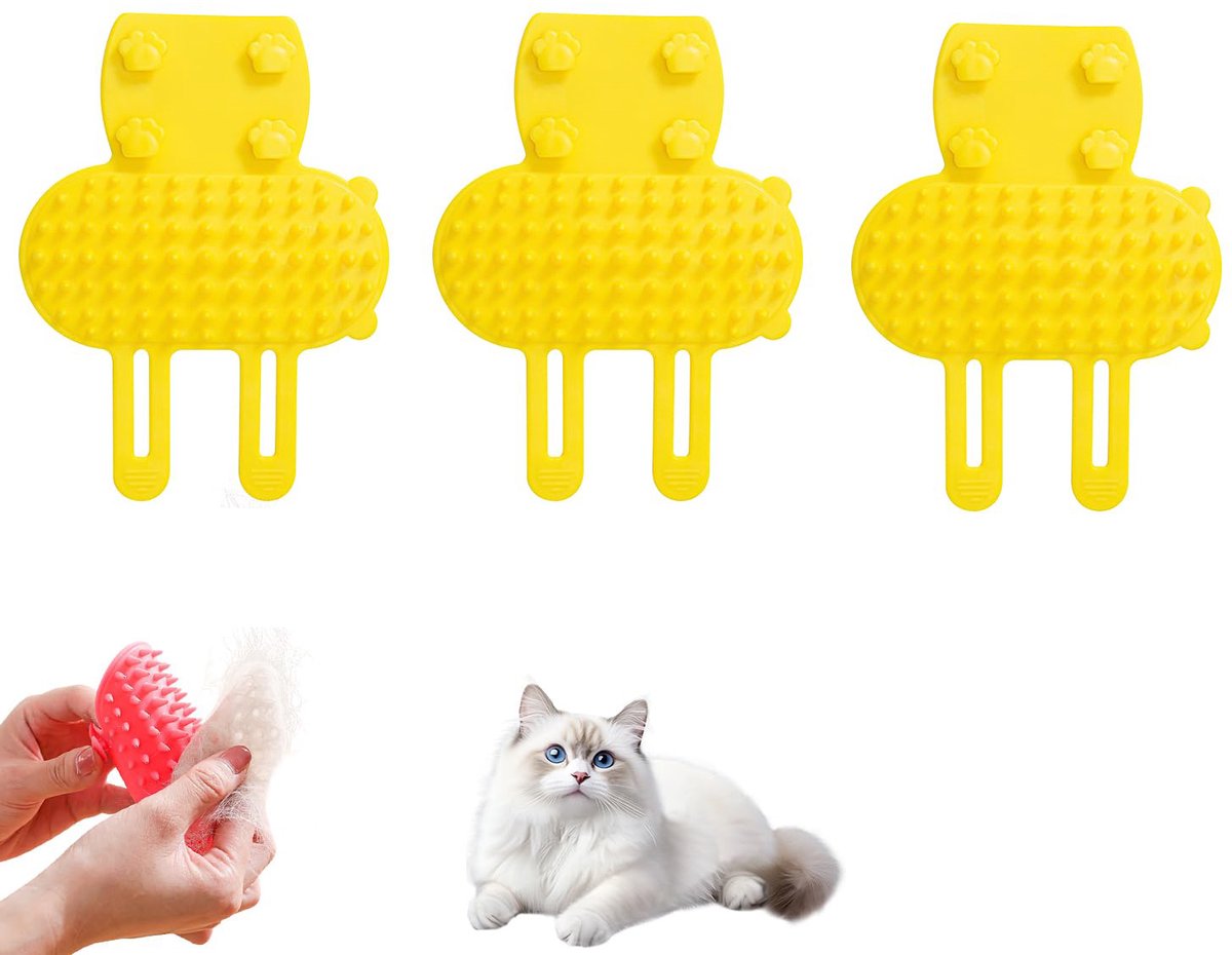 3-stuks Zelfverzorgingsapparaat voor katten - Verstelbare krabmat - Siliconen verzorgingsmassagetool voor huisdieren - Verlicht jeuk in het gezicht - Krabborstel - Ontwerp met dubbele band op de poten - Geschikt voor katten en honden - Geel
