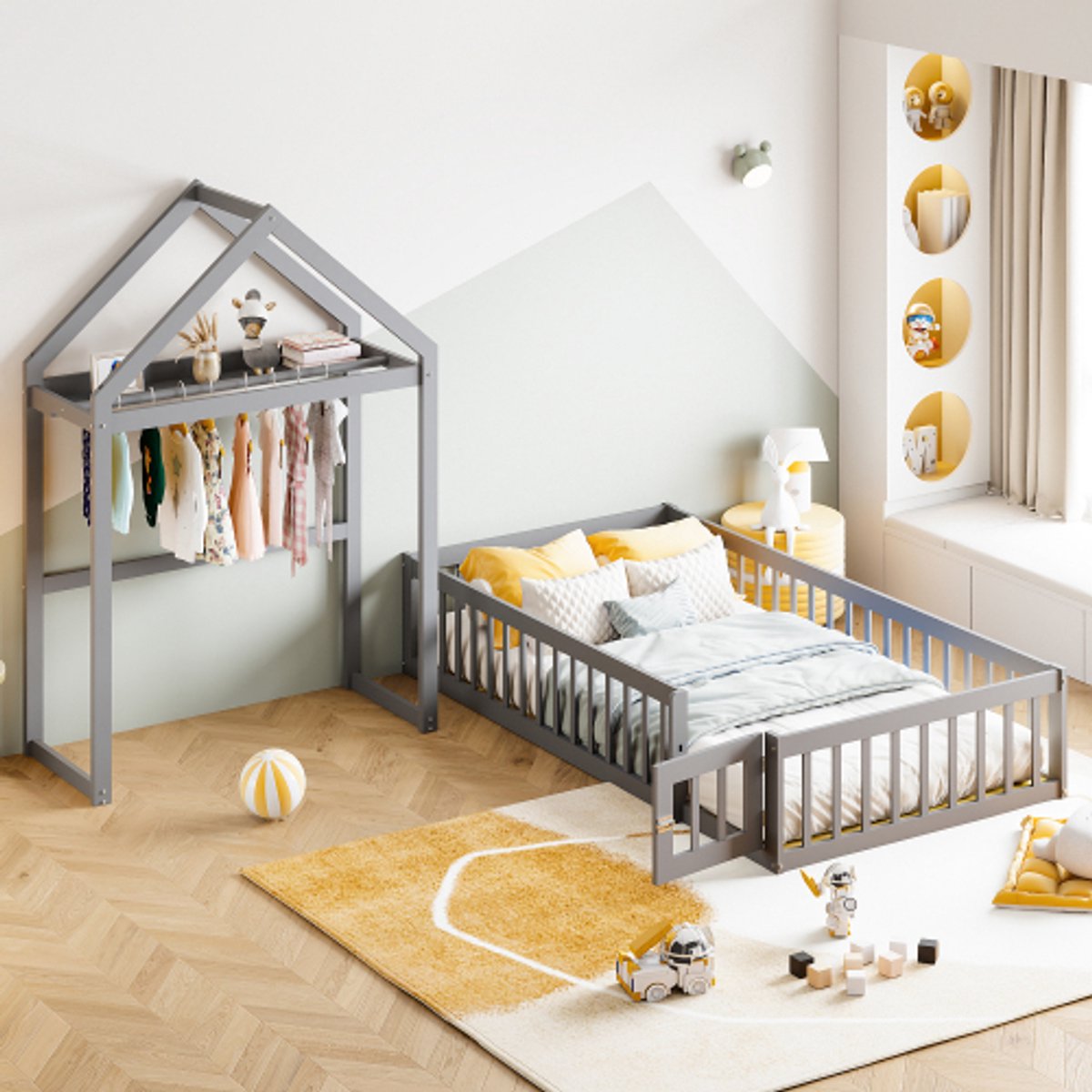 Kinderbed 90 x 200, kinderbedframe van massief hout met opbergruimte, volledige beschermingshekken en deuren en lattenbodem, grijs