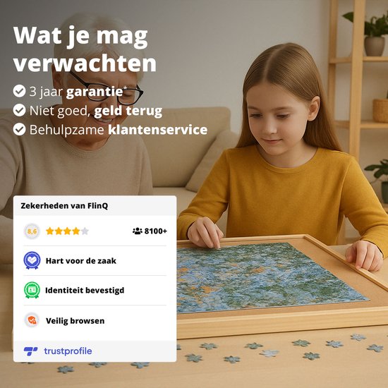 FlinQ Draaibaar Puzzelbord met Opbergsysteem - Puzzelplaat met Bescherming - 6 Lades en Sorteerbakjes voor 1000 stukjes - Puzzelmat van Hout - Puzzel tafel - Portapuzzel - 76,2x56,5x4 cm