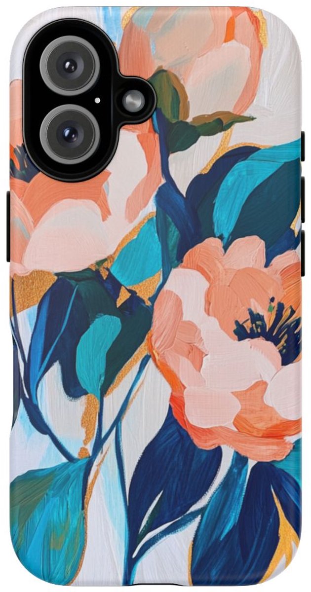 Abstracte Perzikroze en Blauwe Bloemen – Telefoonhoesje Geschikt voor iPhone 16