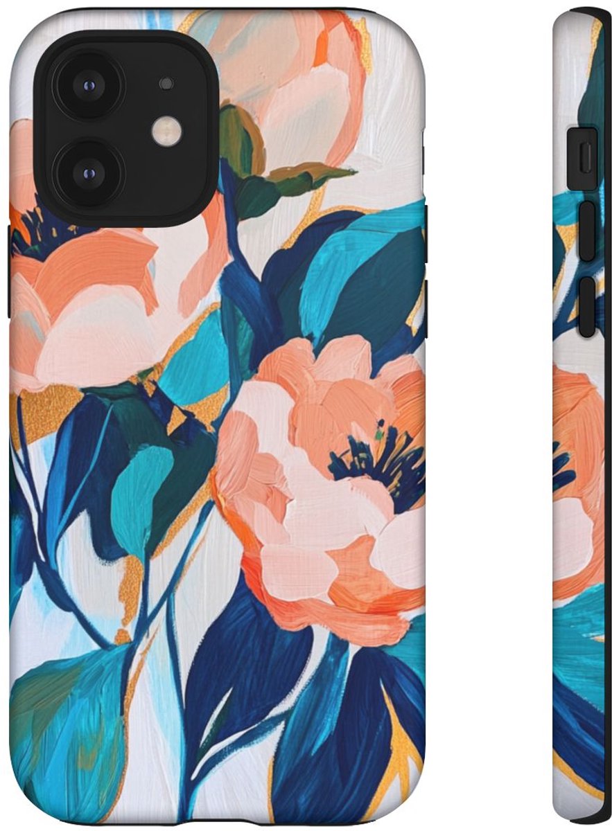 Abstracte Perzikbloemen op Witte Achtergrond – Telefoonhoesje Geschikt voor iPhone 12