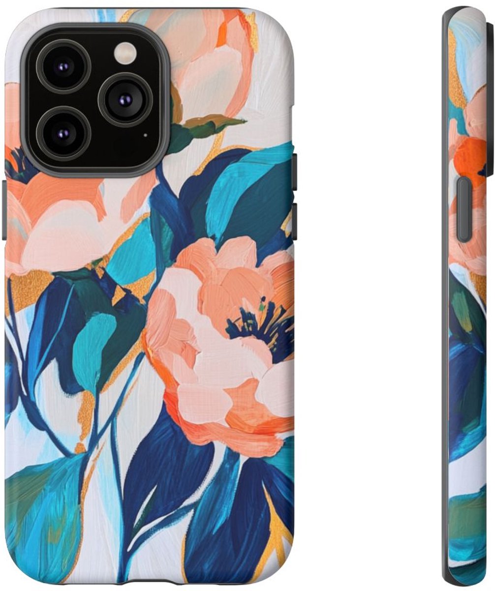Abstract Perzikroze en Blauwe Bloemen – Telefoonhoesje Geschikt voor iPhone 14 Pro Max