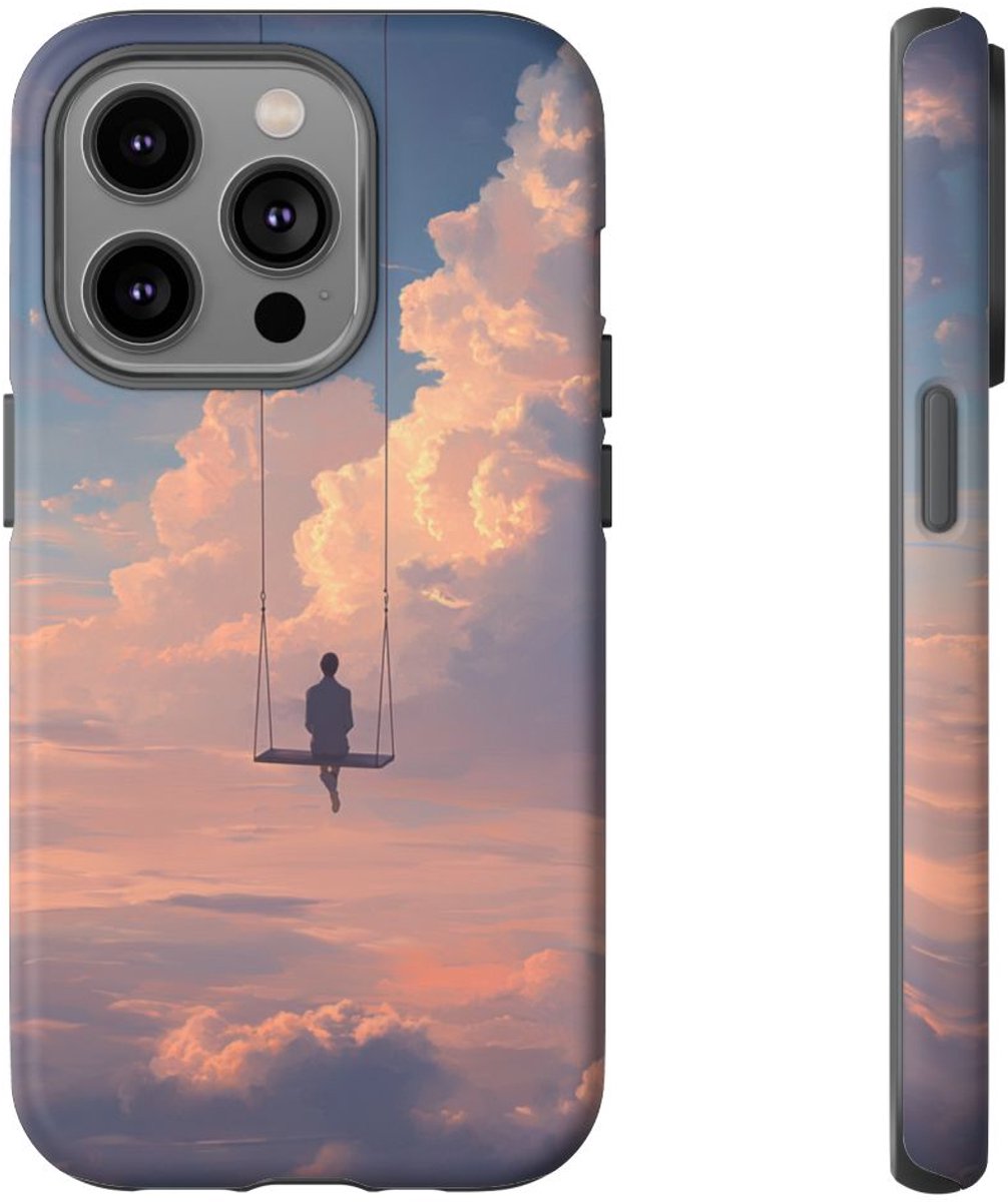 Persoon op Schommel in Bewolkte Lucht – Telefoonhoesje Geschikt voor iPhone 14 Pro