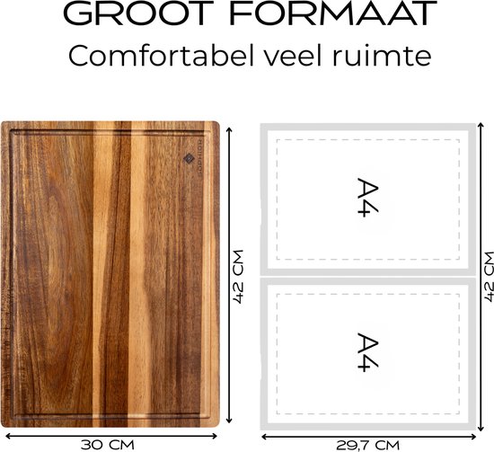 Planche à découper SOPHIOR en bois d'acacia - Groot taille - Planche à découper en bois pour la Cuisine - Planche à découper avec rainure pour le jus - Bois 100 % durable certifié FSC - Accessoires BBQ - Planches à découper - 42 cm x 30 cm x 2 cm