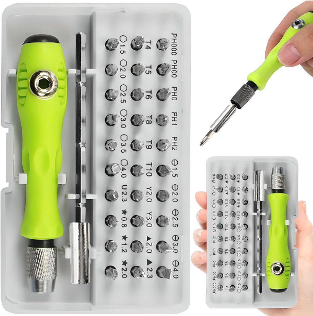 Schroevendraaier met bitset - 32 delig - Precisie schroevendraaiers - Gereedschapsset - Soft grip - Precisie - schroevendraaier set - Kruis Platte kop - Mini - Kleine schroevendraaier - Bits Bit Houder set in Lederen etui - Groen 32 Delig