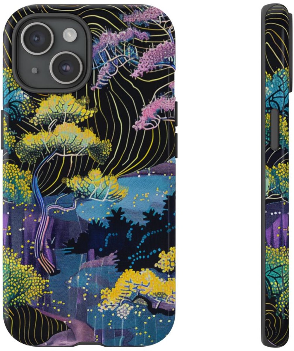 Kleurrijk Abstract Boomlandschap – Telefoonhoesje Geschikt voor iPhone 15