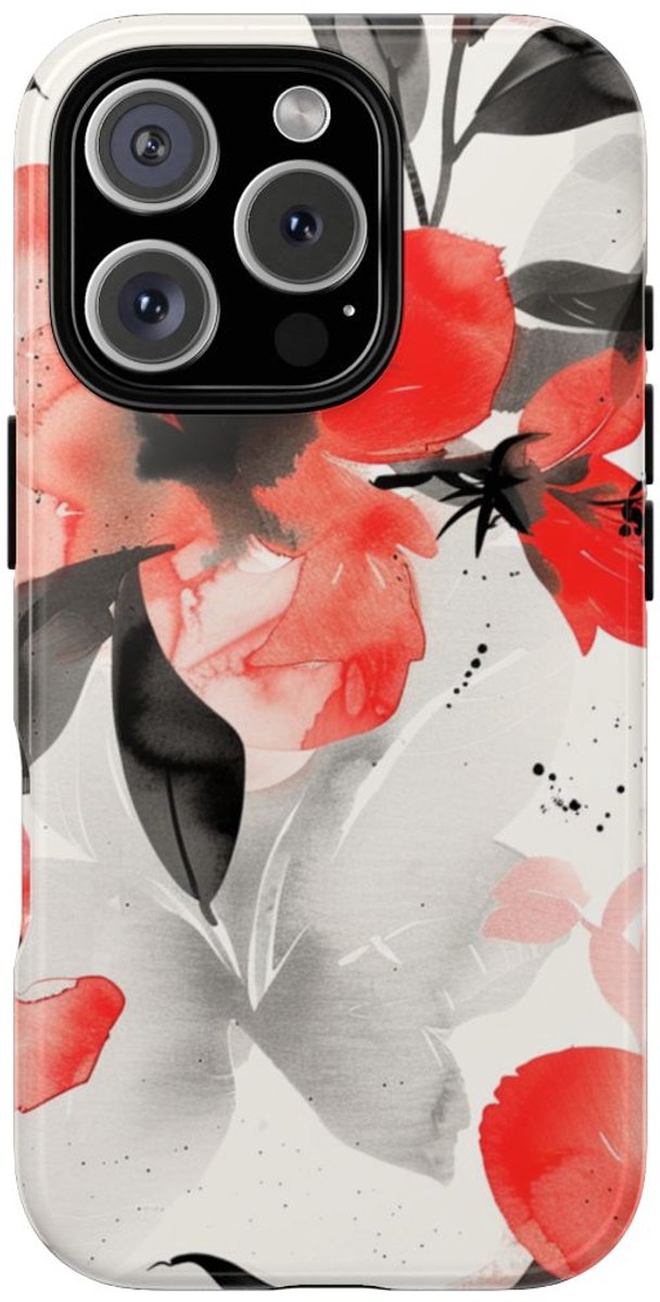 Rood-Zwart Waterverf Bloemenpatroon – Telefoonhoesje Geschikt voor iPhone 16 Pro