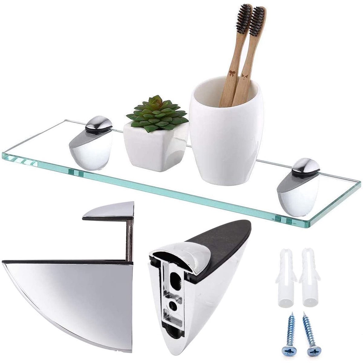 Set van 2 Verstelbare Glas- en Houten Plankdragers – RVS Glasclips met Antislip Siliconen, Roestvrij & Modern Design – Geschikt voor 2-23 mm Planken