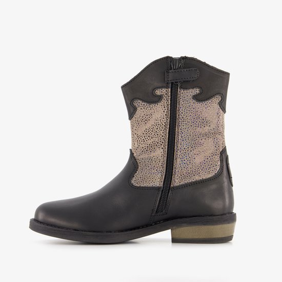 Zwarte leren meisjes cowboylaars met rits en beige/gouden glitter structuurpaneel.