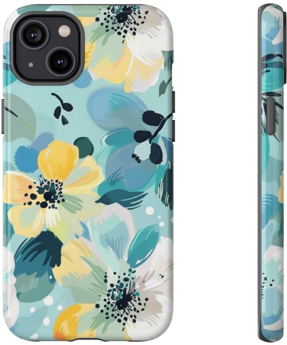 Turquoise Bloemenpatroon met Stippen – Telefoonhoesje Geschikt voor iPhone 14 Plus