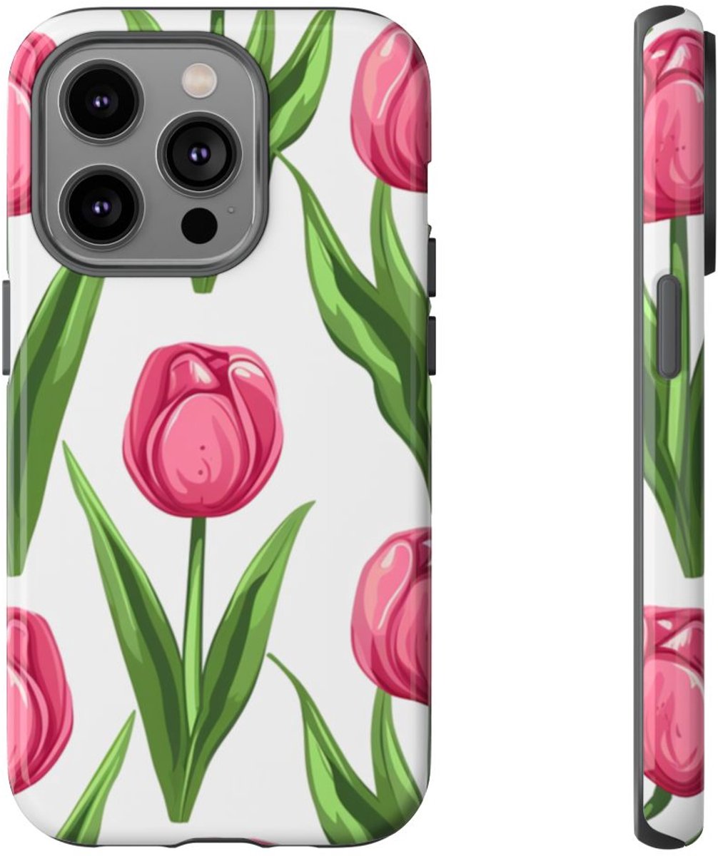 Roze Tulp Bloemenpatroon – Telefoonhoesje Geschikt voor iPhone 14 Pro