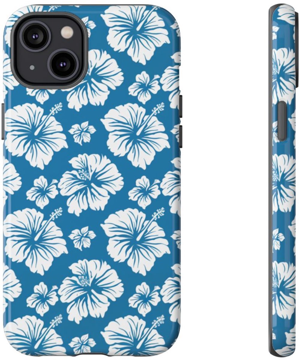 Wit Hawaïaans Bloemenpatroon op Blauw – Telefoonhoesje Geschikt voor iPhone 14 Plus
