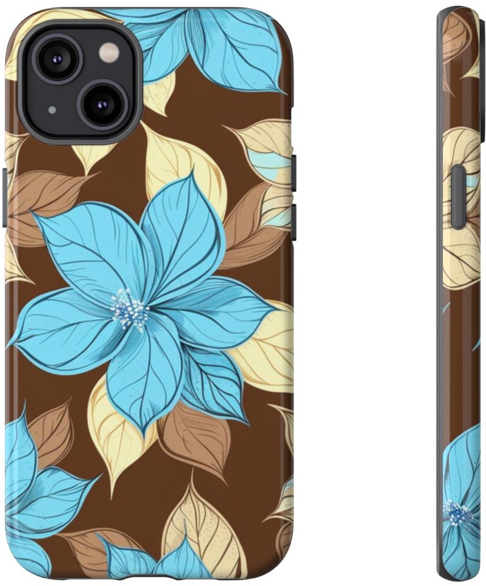 Turquoise en Beige Bloemenpatroon – Telefoonhoesje Geschikt voor iPhone 14 Plus