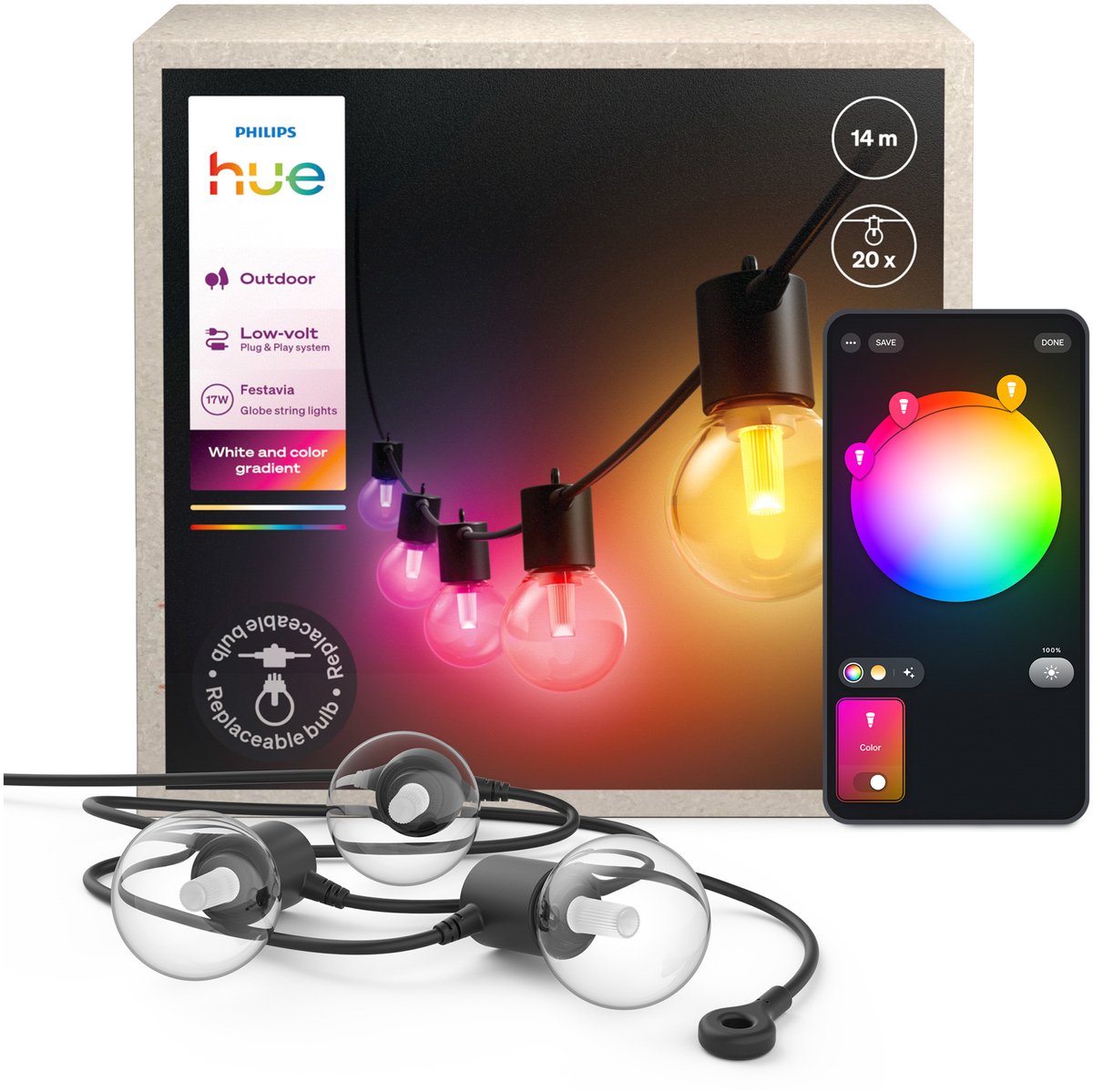 Philips Hue Festavia outdoor lichtsnoer met onbreekbare globe-lampen, wit en gekleurd licht – 14 meter – 20 lampen — afbeelding 1
