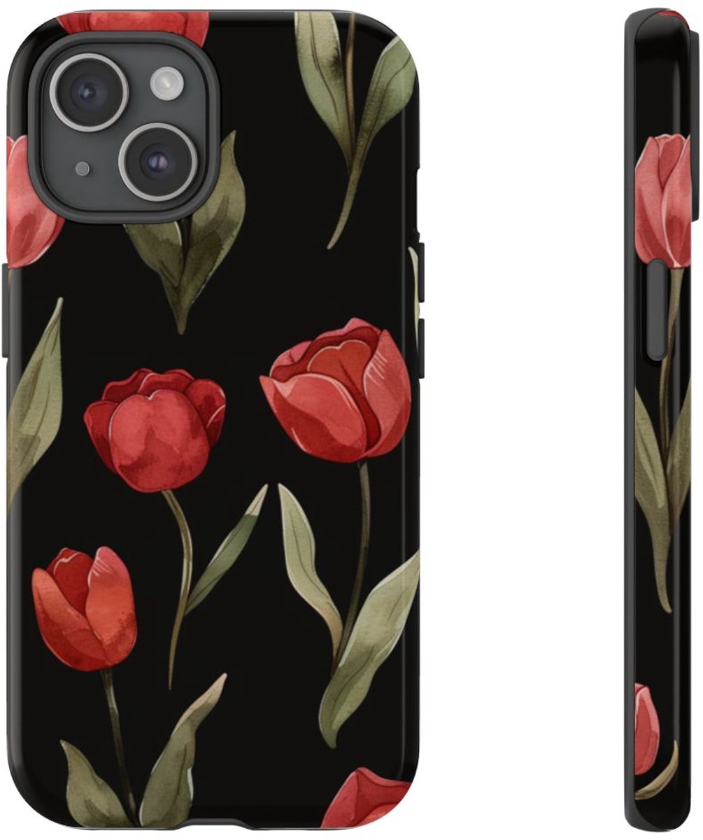 Rode Tulp Bloemenpatroon – Telefoonhoesje Geschikt voor iPhone 15