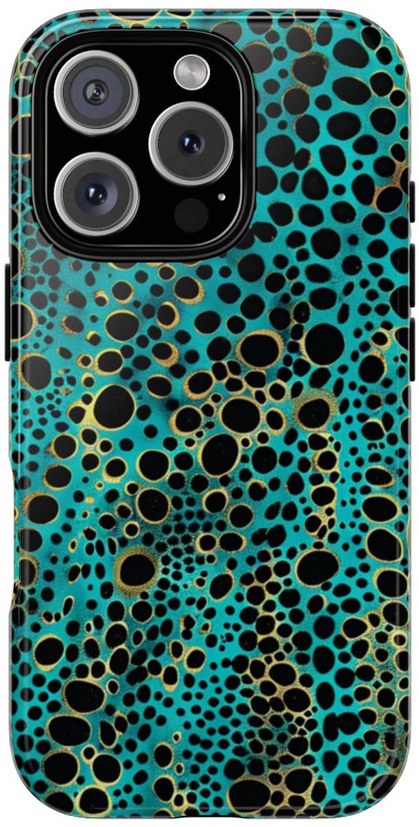 Turquoise en Zwart Abstract Stippenpatroon – Telefoonhoesje Geschikt voor iPhone 16 Pro
