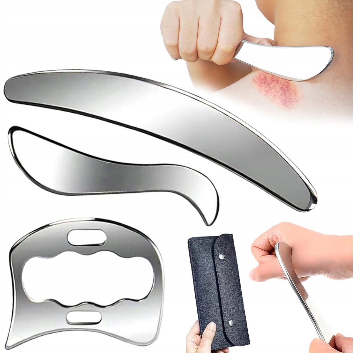 3-delig roestvrijstalen fascia-mes - Fascia schraper - Gua Sha-mes - Gua Sha-massagetool - Verlicht spierpijn en -pijn - Geschikt voor fysiotherapie van rug, nek, kuit, borst en onderarm