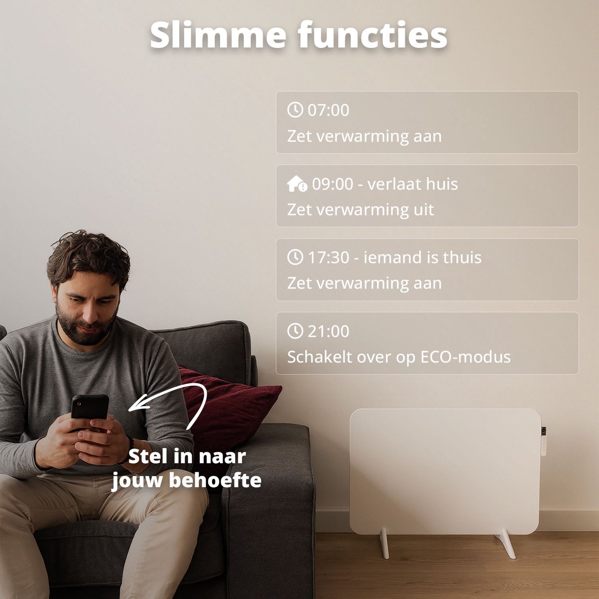 FlinQ Slimme Infrarood Verwarming - Elektrische Verwarmingspaneel - Moderne Kachel - Geschikt voor Badkamer - Staand & Verplaatsbaar - Met Thermostaat - Wit Paneel - 450 W – foto 3