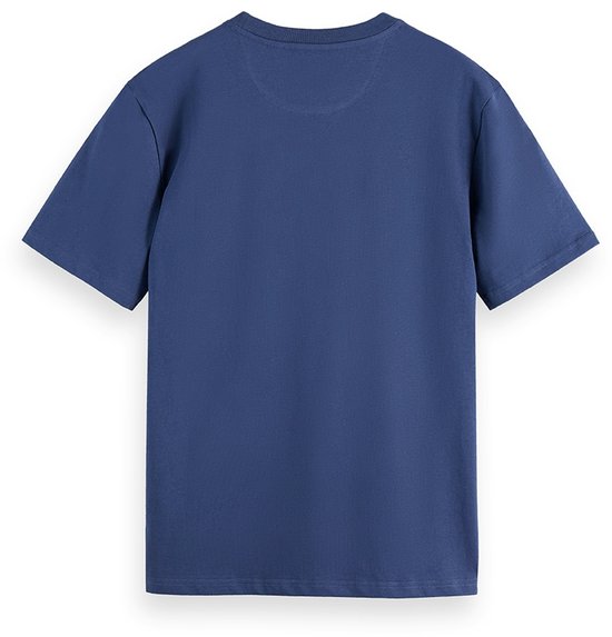 Donkerblauw katoenen t-shirt met korte mouwen, de achterkant is effen.