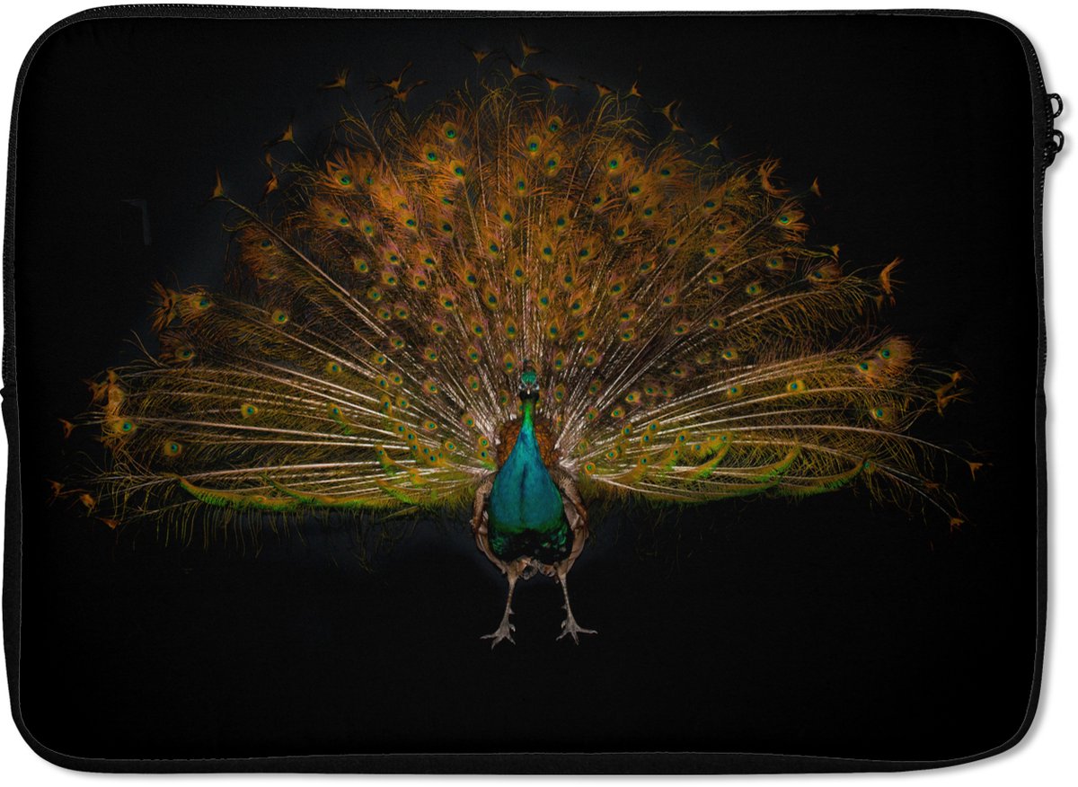 Laptophoes 14 inch - Pauw - Veren - Nacht - Laptop sleeve - Binnenmaat 33x23 cm - Zwarte achterkant