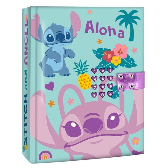 Blauw dagboek met Stitch en Angel, palmboom, ananas, "Aloha" en cijferslot.