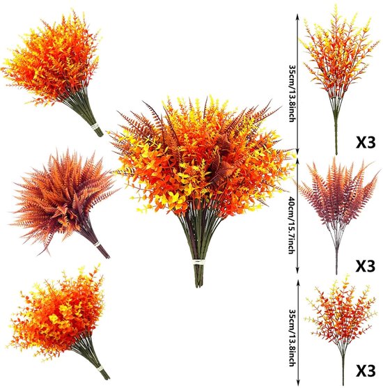 Cinq bouquets de plantes artificielles oranges, jaunes et brunes, certaines avec de longues feuilles fines, d'autres avec des feuilles en forme de plume.