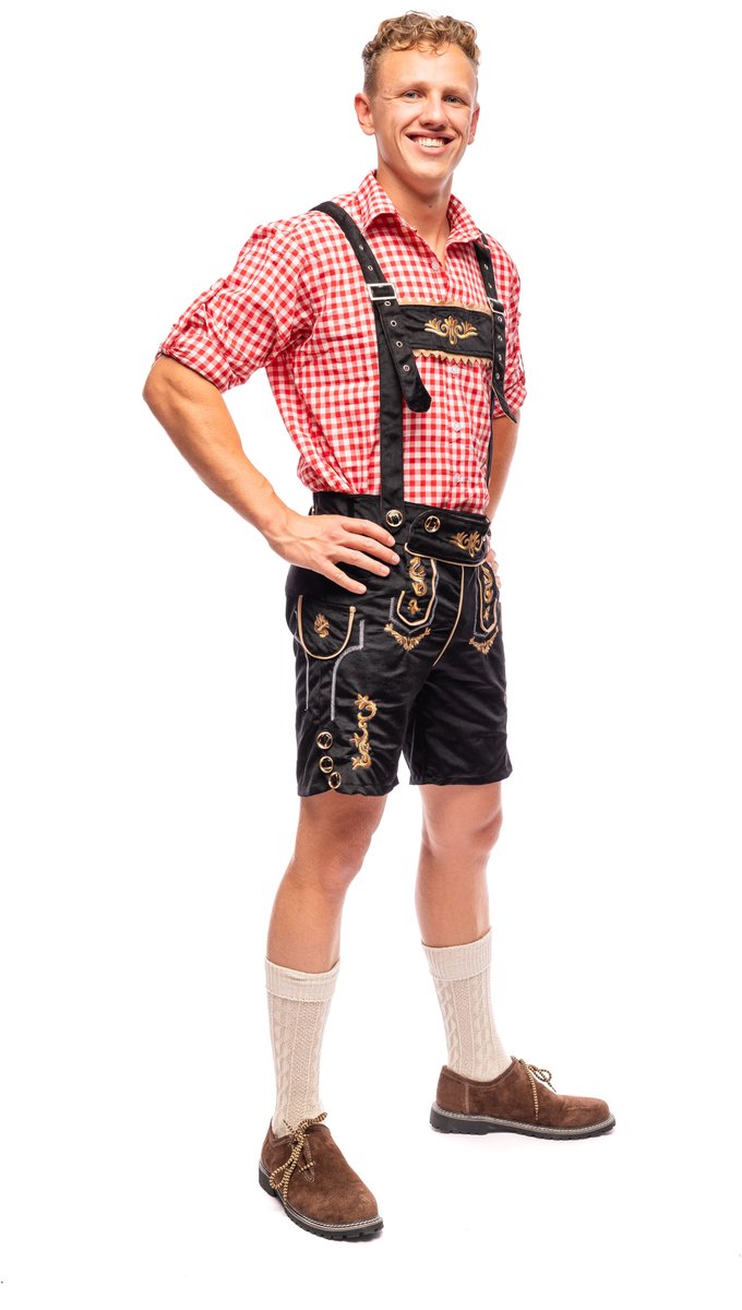 Samex® - Lederhosen Man + Blouse - Compleet Oktoberfest Kostuum Heren - Korte Lederhose - Verkleedkleren mannen - Carnavalskleding - Zwart/Rood - Maat L