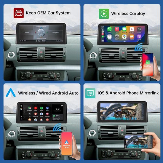 Vier weergaven: origineel OEM-systeem, draadloze CarPlay, Android Auto en telefoon mirrorlink.