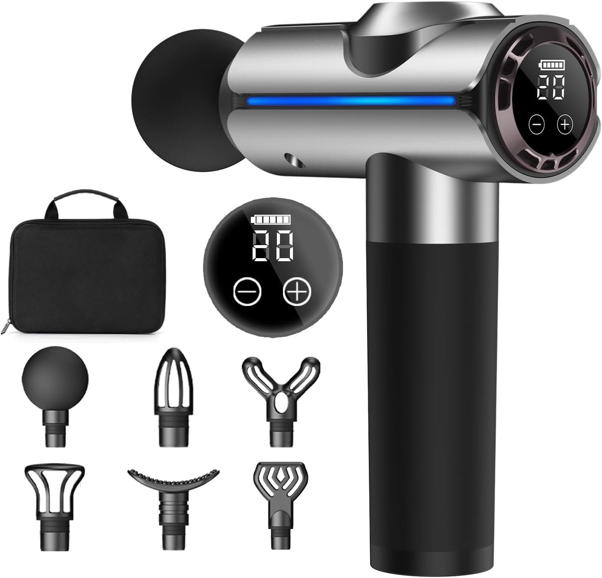 Percussiemassagepistool, elektrisch handzaam spier- en rugmassage-apparaat, diepe weefselmassage voor atleten, pijnverlichting, met 20 snelheden en led-display, geleverd met draagtas, geweldig cadeau voor mannen/vrouwen, zilver