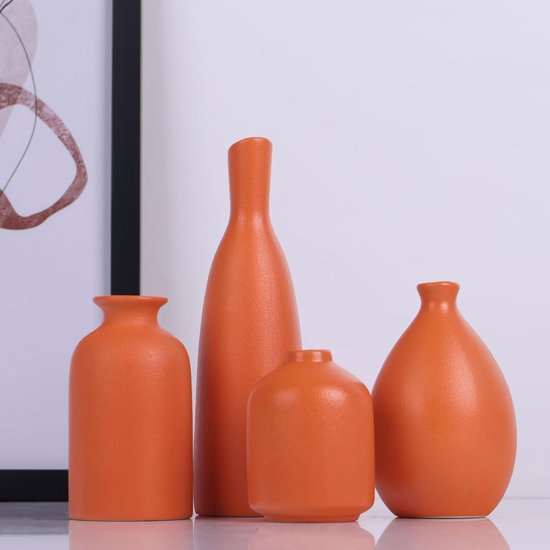 4 Piece Ceramic Vase Set - Orange Decorative Vases for Home Office Decor - Flower Arrangements Centerpieces - Living Room Dining Room Kitchen Bedroom Hallway Bathroom