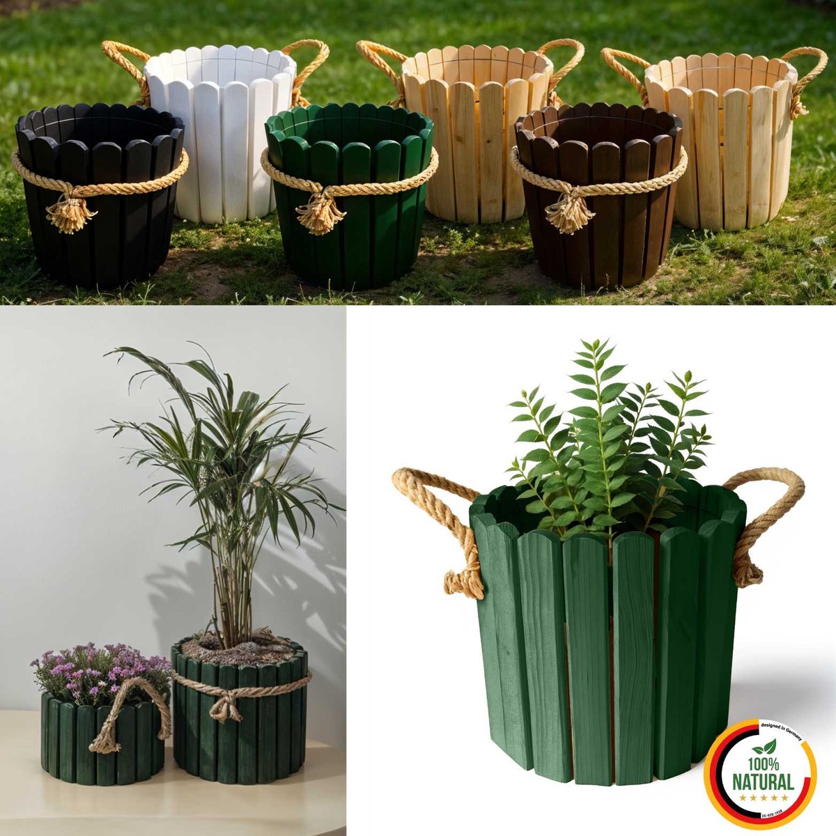 Floranica ronde bloempot 30 x 33 cm van grenenhout, plantenpot, bloembak, kruidenpot voor huis en tuin, voor binnen- en buitengebruik, groen