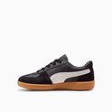 Zwarte Puma Palermo sneaker, zij-aanzicht, met witte Puma-streep en gummi zool.