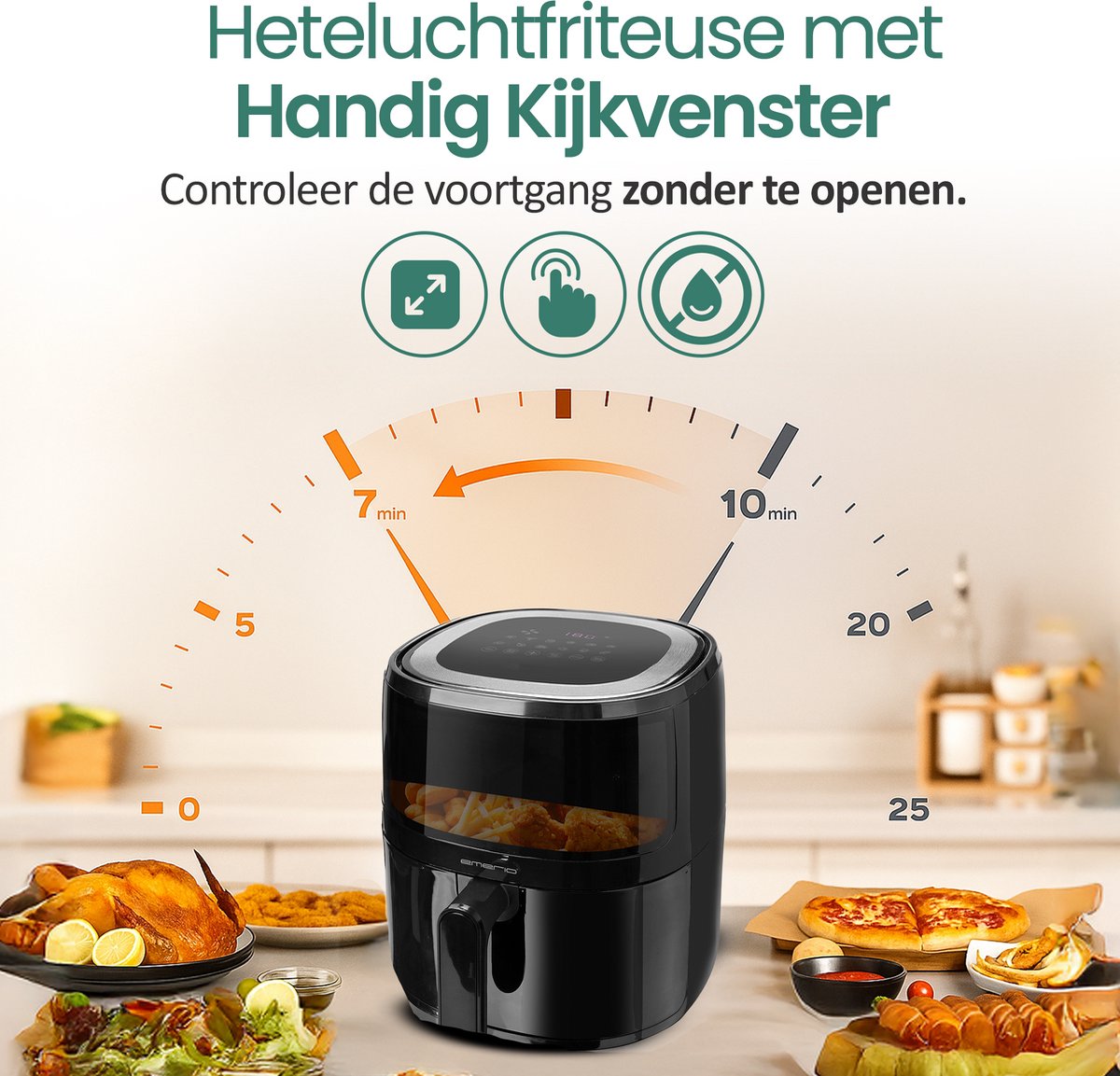 Emerio Airfryer XL - 5 Liter Heteluchtfriteuse - Regelbare thermostaat 80ºC tot 200ºC - 12 Kookprogramma's - Digitaal display - Timer functie - Kijkvenster - Cool touch - AF-129329.3 Zwart — afbeelding 4