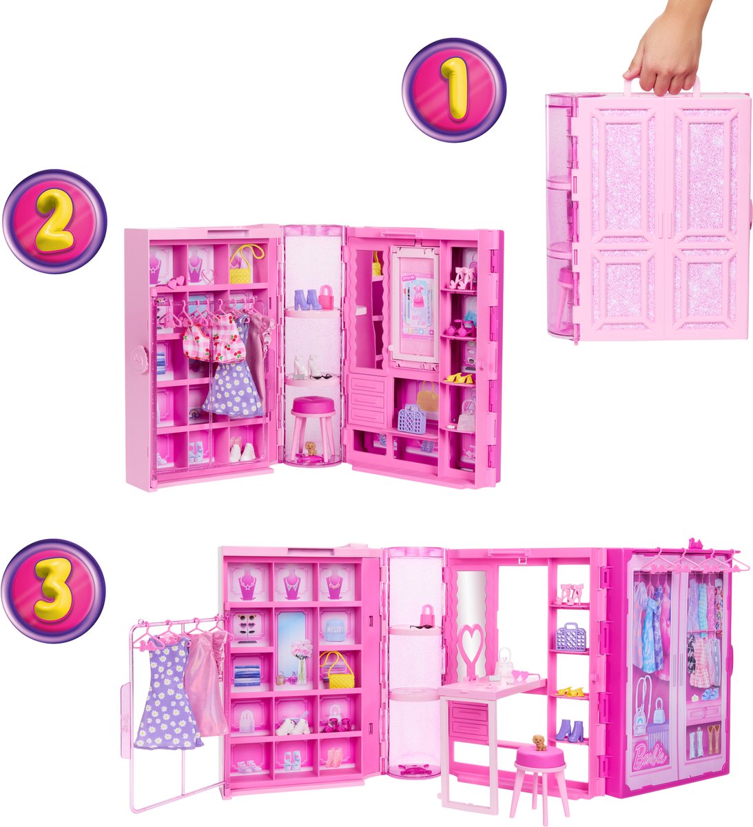 Barbie Super Kledingkast – Modepop met 25+ Stukken, Roze Glitterkast & Kaptafel — afbeelding 3