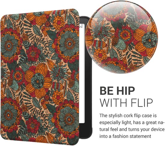 kwmobile Cork Case Compatible with Amazon Kindle Paperwhite (2024)/Colorsoft - Book Style Protective e-Reader Flip Cover Folio Case - Summer Flowers Orange / Green / Red van kwmobile — afbeelding 5