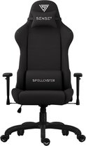 Vooraanzicht van de zwarte Spellcaster gamingstoel met nek- en lendenkussen.