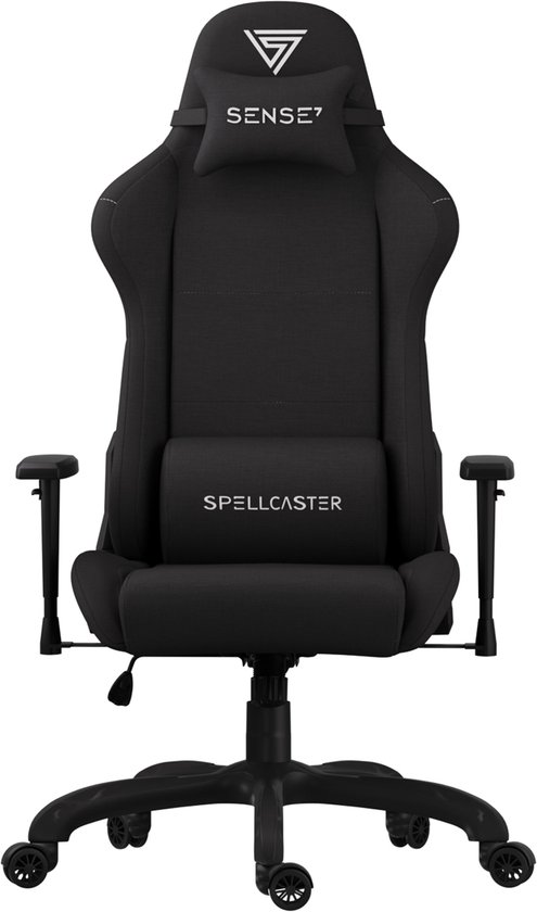Vooraanzicht van de zwarte Spellcaster gamingstoel met nek- en lendenkussen.