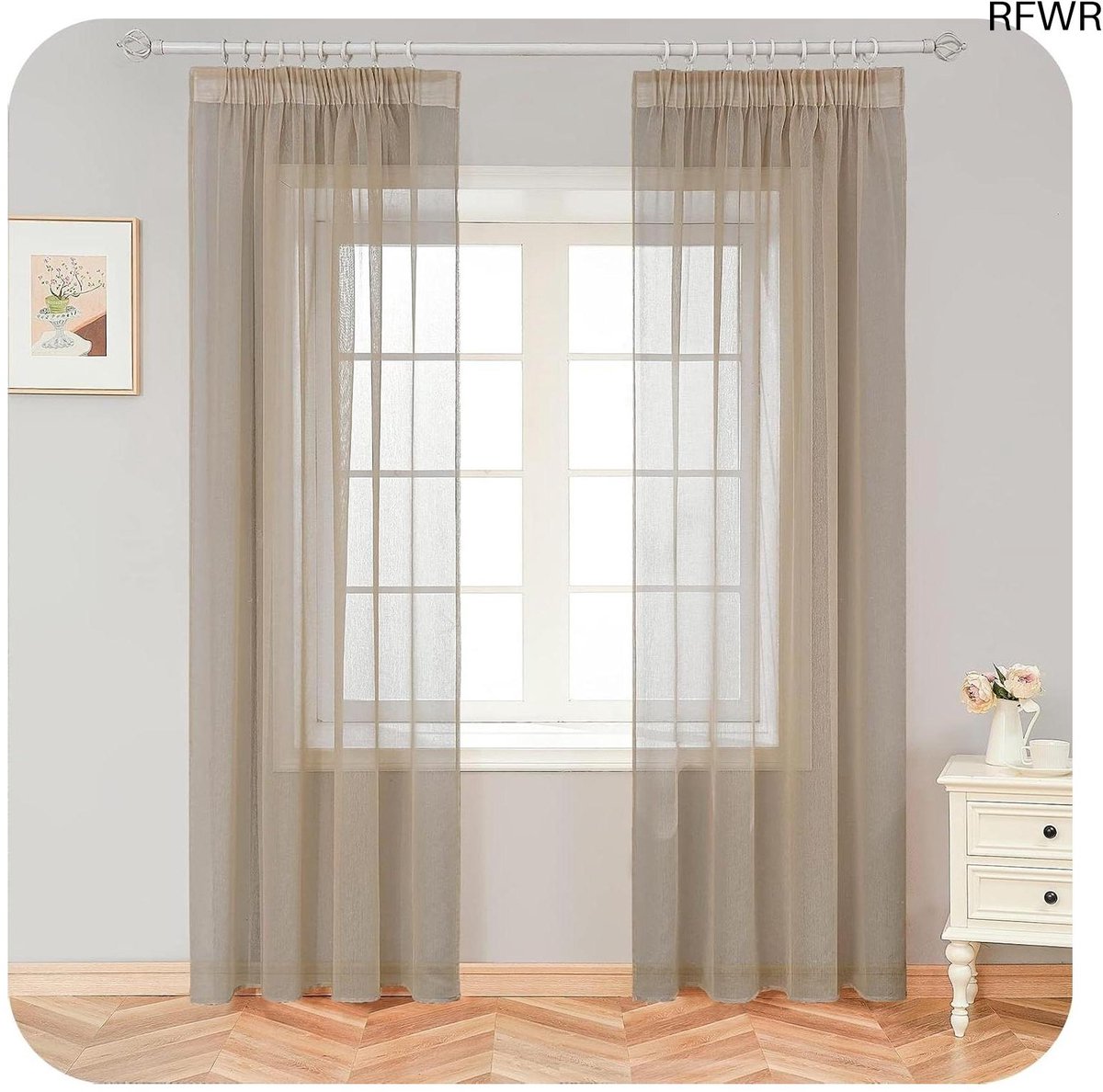 RFWR Transparante Vitrage Gordijnen met Plooiband - Set van 2, Beige, 245 x 140 cm voor Woonkamer en Slaapkamer