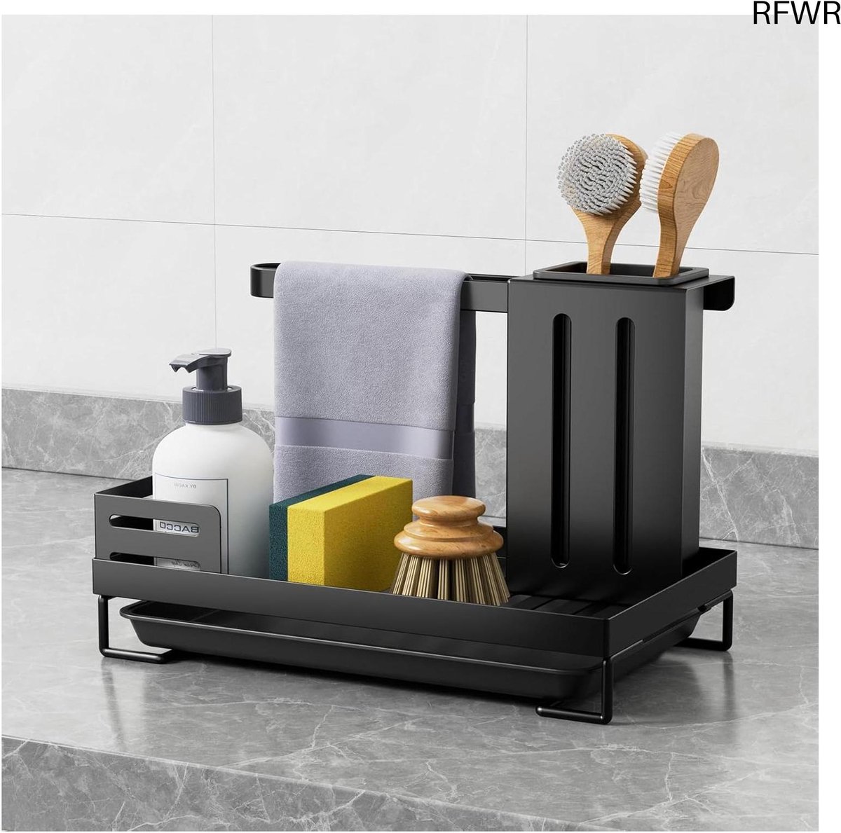 RFWR® Gootsteenorganizer met Afvoerpan en Afneembare Lekbak voor Keuken en Badkamer - Ruimtebesparende Organizer voor Sponshouder en Accessoires