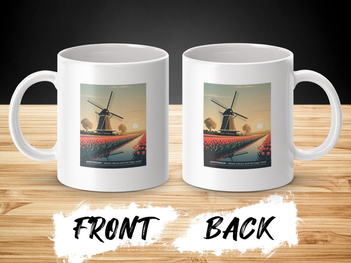 Amsterdam Molen Tulpenveld Mok, Hollandse Souvenir Mok, Nederland Cadeau Idee, Vintage Reizen Mok, Koffie Thee Mok