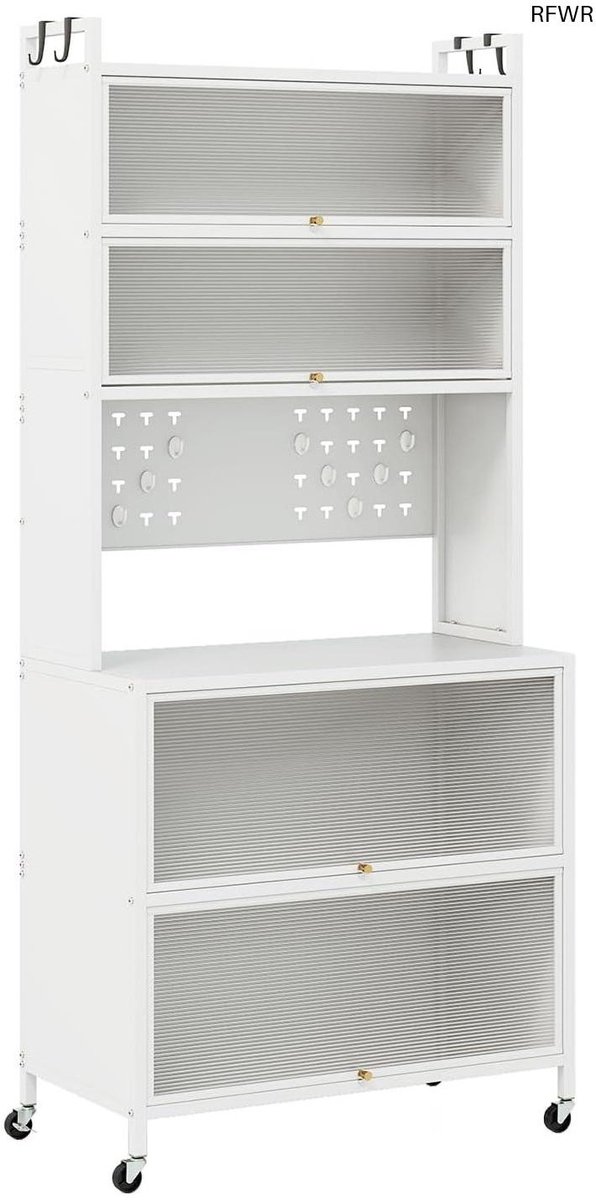 RFWR® Keukenkast met 5/6 niveaus en werkblad, buffetkast met klapdeuren en haken, multifunctionele voorraadkast met wielen (wit, 80 x 40 x 178 cm)