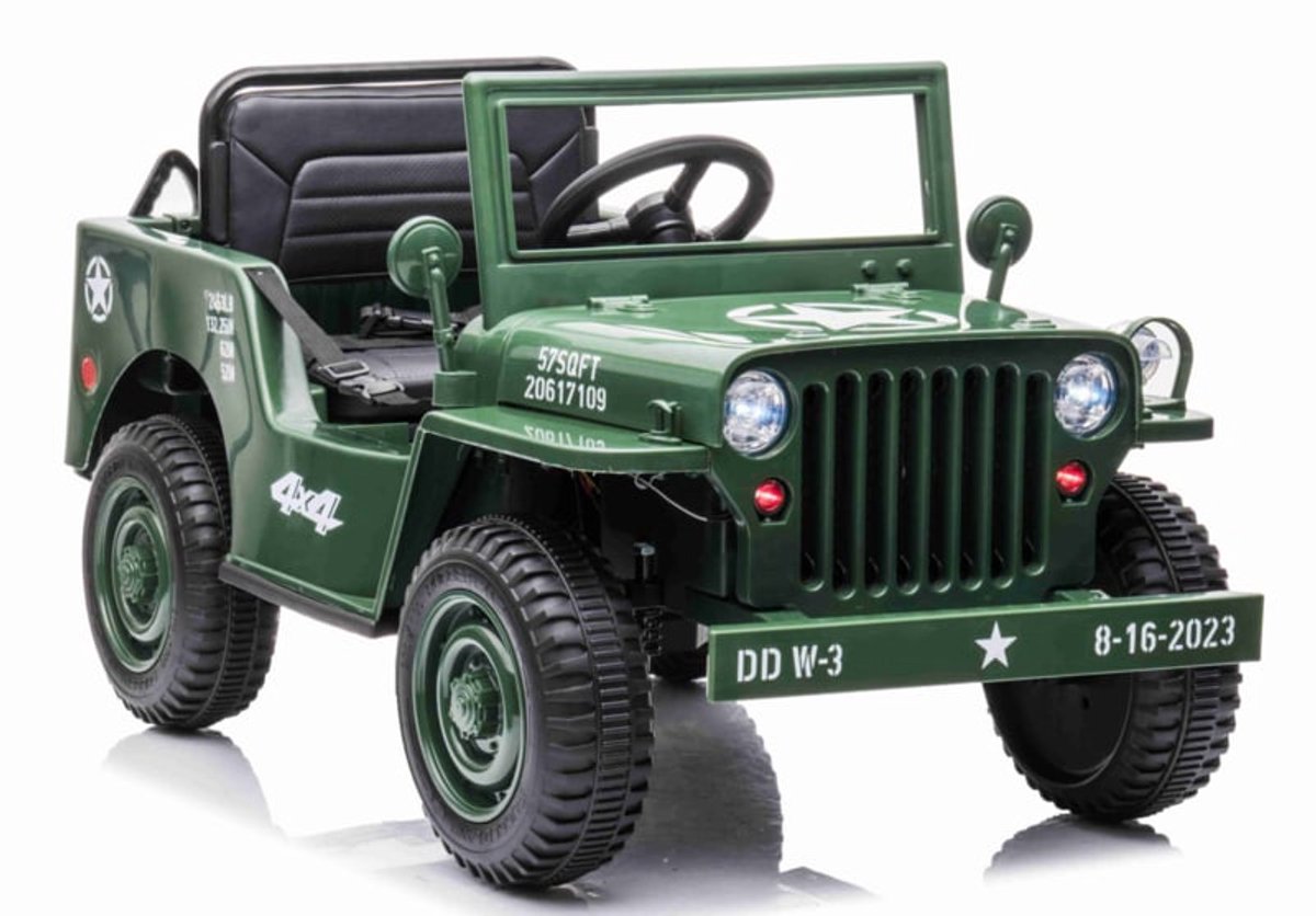 JEEP Army Willy's Jeep 4WD Groen - 1 persoons - leder look zitting incl. softstart | Elektrische kinderauto - Inclusief afstandsbediening - Gratis verzending - KiddoCars