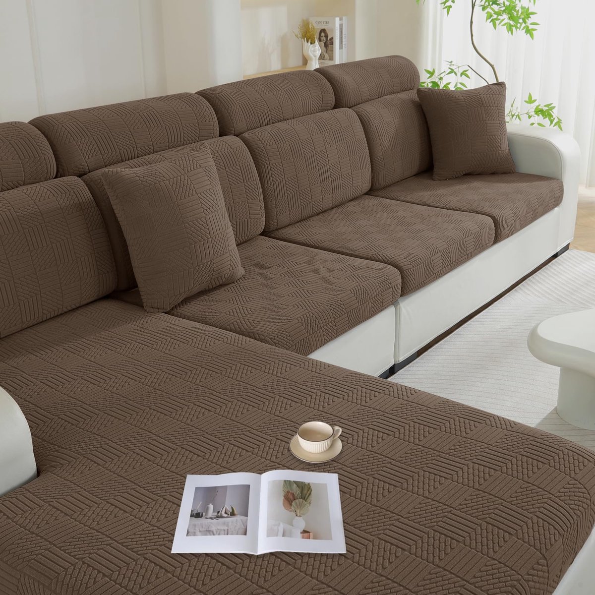 Ibenzoa® Stretchy en Elegante Bankhoes met Antislip Eigenschappen voor Chaise Longue in Bruin